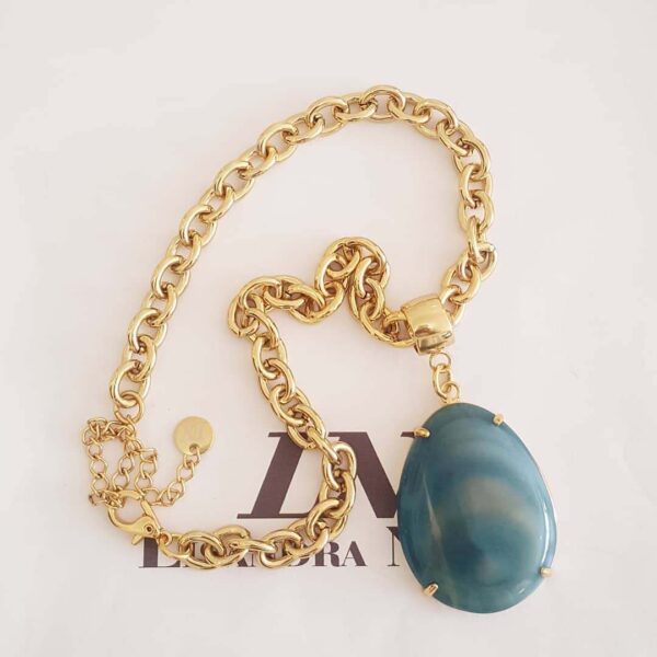 Colar Pedra Mineral Ágata Azul Oval Banho Ouro Elo Cadeado-93 Corrente Aço