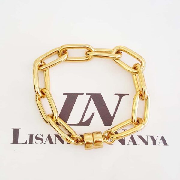 Pulseira Elo Retangular-423 Banho Ouro Corrente Aço Grossa Fecho Ímã