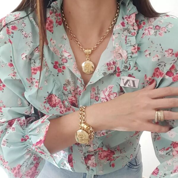 Conjunto Dourado Árvore da Vida Mandala 28mm Alto Relevo Colar